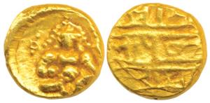 Vijayanagar, Krishna Deva Raya (AD 1509-1529), Gold ½ Pagoda, 1.7g, seated Balakrishna on 