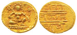 Vijayanagar, Krishna Deva Raya, Gold ½ Pagoda, 1.7g, seated Balakrishna flanked by conch s