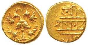 Vijayanagar, Achyuta Deva Raya, Gold ½ Pagoda, 1.7g, Gandabherunda (2-headed eagle) walkin