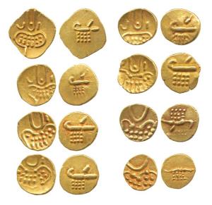 Veera Raya, Coorg, Gold Fanam (8), obv. stylized lion standing right with crescent above, 