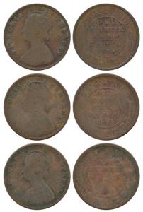 Copper ¼ Anna (3), with the name and portrait of Victoria, Calcutta Mint, 1895. Good to Fi