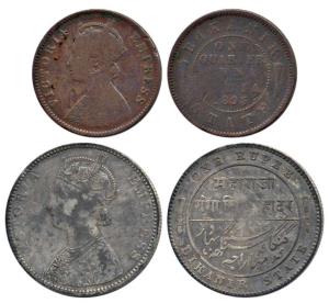 Ganga Singh, Silver Rupee, with the name and portrait of Victoria, 1892 AD; Copper ¼ Anna,