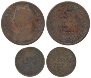 Copper ¼ and 1/12 Anna, with the name and portrait of Victoria, Calcutta Mint, 1887. Fine,