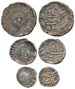 Shivaji Rao Holkar, set of 3, Silver Rupee, ½ and 1/4, Indore Mint, in the name of Shah Al