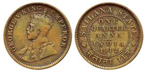 George V, Copper ¼ Anna, 4.87g, 1912, Calcutta Mint. Very Fine, Scarce.