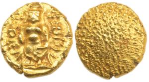 Negapatnam, Gold Pagoda, 3.43g, Lazy J with Lord Vishnu standing, facing front on obv., gr