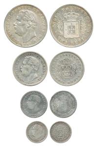 Goa, Luiz I, Set of 4, Silver Rupia, 1/2, ¼ and 1/8, 1881 and 1882, (KM 12, 11, 10, 90). F