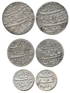 Murshidabad Mint, Set of 3, Silver Rupee, ½ and 1/4, in the name of Shah Alam II, frozen R