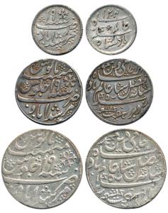 Murshidabad Mint, Set of 3, Silver Rupee, ½ and 1/4, in the name of Shah Alam II, frozen R