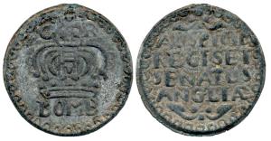 Bombay Tin 2 Pice, 28.38 g, AD 1741 issue, large Crown and BOMB below on obv., Latin inscr