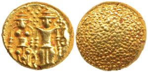 3 Swami Gold Pagoda, 3.44g, Lord Balaji with his consorts Shri Devi and Bhu Devi on either