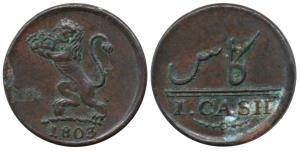 Copper 1 Cash, 0.60g, 1803, Lion holding a crown to left on obv., Value in English and Per