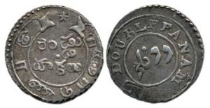 Silver Double Fanam, 2nd issue, 1808, oblique milling, buckled garter on obv.; ribbon and 