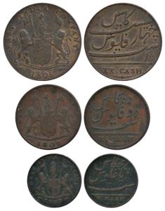 Copper 5, 10 and 20 Cash, coat of arms of the EIC on obv., the first and second 1808, the 