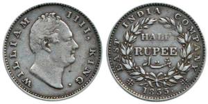 William IV, Silver ½ Rupee, 1835, Calcutta Mint. R. S. Incuse. About Very Fine, Very Rare.