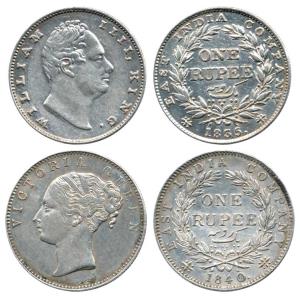 William IV and Victoria Queen, Silver Rupee (2), 1835 and continuous legend 1840. Very Fin