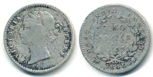 Victoria Queen, Silver 2 Annas, 1841, Calcutta Mint, divided legend, obv. WW raised, rev. 