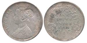 Victoria Empress, Silver Rupee, 1880, a crown and initials 'PM' for Portuguese Mozambique,