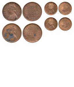 Victoria Queen and Empress, Copper ¼ Anna (2), 1862; Copper 1/12 Anna (2), 1899. Extremely