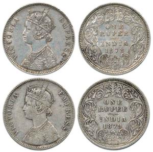 Victoria Empress, Silver Rupee (2), 1878 and 1879, Calcutta Mint, obv. A1, rev. I, no mint