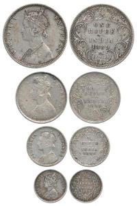 Victoria Empress, Set of 4, Silver Rupee, 1/2, ¼ and 2 Annas, 1886, 1877, 1889, 1899 all B