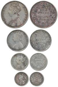 Victoria Empress, Set of 4, Silver Rupee, 1/2, ¼ and 2 Annas, 1901 Bombay Mint; 1894 Bomba