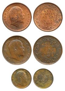 Edward, Copper ¼ Anna, 1905, 1907; Copper 1/12 Anna, 1907. Very Fine+ to Uncirculated. (3)