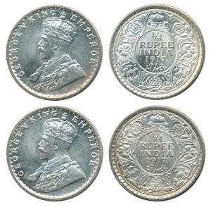 George V, Silver ¼ Rupee, 1917, Calcutta Mint. About Uncirculated. (2)