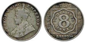 George V, Cupro-Nickel 8 Annas, 1919, Calcutta Mint. Fine.
