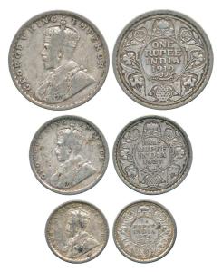 George V, Silver Rupee, ½ and 1/4, 1919, 1927 and 1936. Fine to Very Fine+. (3)
