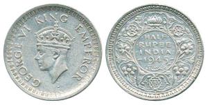 George VI, Half Silver ½ Rupee, 1945, Bombay Mint, large '5'. Very Fine+, Very Rare.