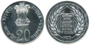 Silver Rupees 20, 1973, Grow More Food (KM 629). Uncirculated, in original plastic case of