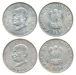 Silver Rupees 10, 1969, Gandhiji Birth Centennial. Extremely Fine. (2)