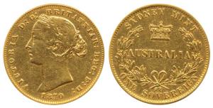 Australia, Victoria, Gold Sovereign, 8g, Sydney Mint, 1870. About Very Fine, Rare.
