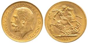 Australia, George V, Gold Sovereign, 8g, St. George slaying a dragon on rev., 'P' mint mar