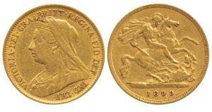 Great Britain, Victoria, Gold ½ Sovereign, 4g, veiled bust on obv., St. George slaying a d