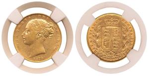 Great Britain, Victoria, Shield Sovereign, 8g, Shield on rev., 1870, slabbed in NGC holder