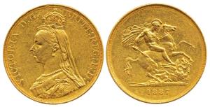 Great Britain, Victoria, Gold 5 Pounds, 40g, Jubilee head, St. George slaying a dragon on 