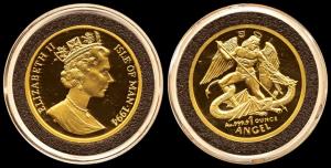 Isle of Man, Angel, Gold 33.93g, Archangel Michael slaying dragon on rev., 1984 (KM 139). 