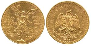 Mexico, Gold 50 Pesos, 41.61g, 1947, obv. Centennial of Independence, rev. winged Victory 