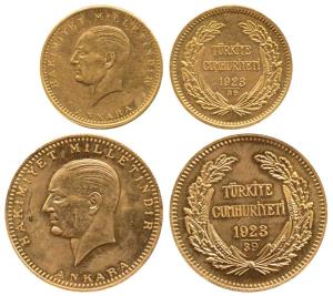 Turkey, Gold 250 and 500 Kurush, 18.02g, 36.04g, respectively, total weight 54.06g, head o