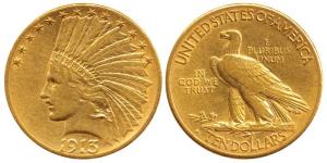 United States of America, Gold 10 Dollars, 16.62g, 1913, Indian Head on obv., (KM 130). Ve