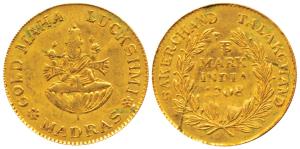 Gold Token, 1.58g, Gold Maha Luckshmi Madras written around goddess Lakshmi seated on a Lo
