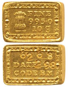 Bombay Mint 10g, Gold Control Scheme redemption bar, Ashoka Pillar, 995.0 Fine and 10g in 