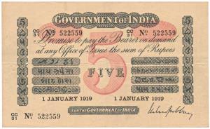Government of India, Uniface, Rupees 5, red under print, signed M. M. S. Gubbay, 1 January