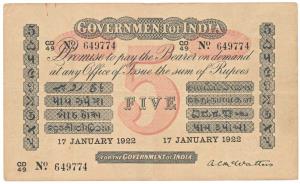 Government of India, Uniface, Rupees 5, red under print, signed A. C. Mc Watters, 17 Janua