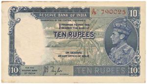 George VI, Rupees 10, 1st issue, 1938, signed J. B. Taylor, (Jhun 5.1). Very Fine+, Scarce