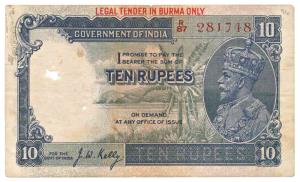 Burma, George V, Rupees 10, issued in 1937, signed J. W. Kelly, LEGAL TENDER IN BURMA ONLY