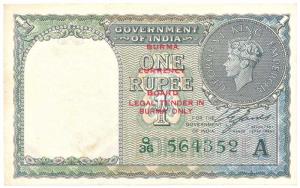 Burma, George VI, Rupee 1, 1947, signed C. E. Jones, red overprint Burma Currency Board, (