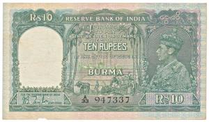 Burma, George VI, Rupees 10, 1938, signed J. B. Taylor, green colour, (Jhun 5.1). Slight t